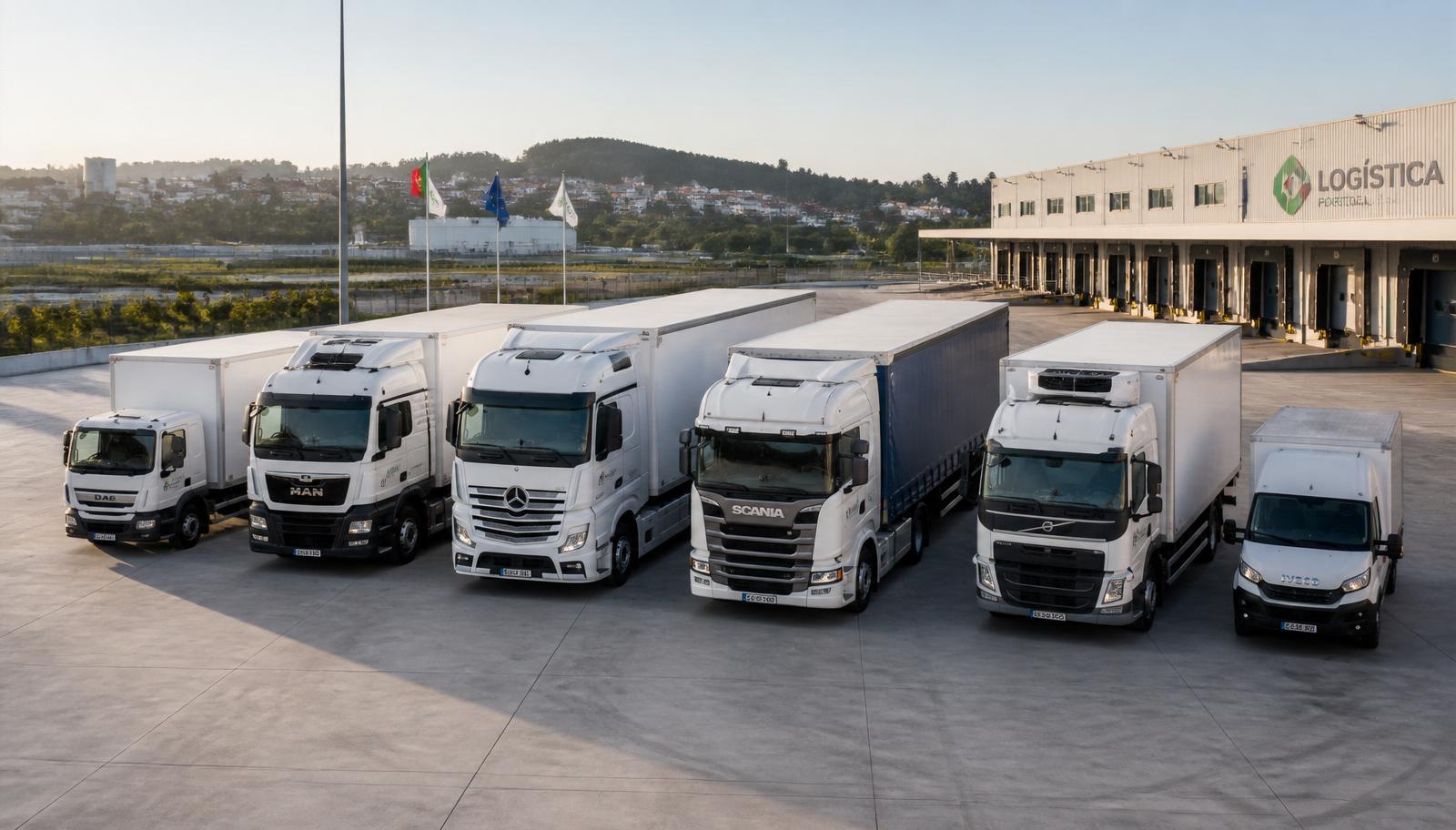 Fila de camiões de diferentes tipos num pátio logístico em Portugal